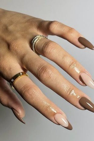 Brown and white french combo stiletto nails - caramel nude nail idea for women over 50