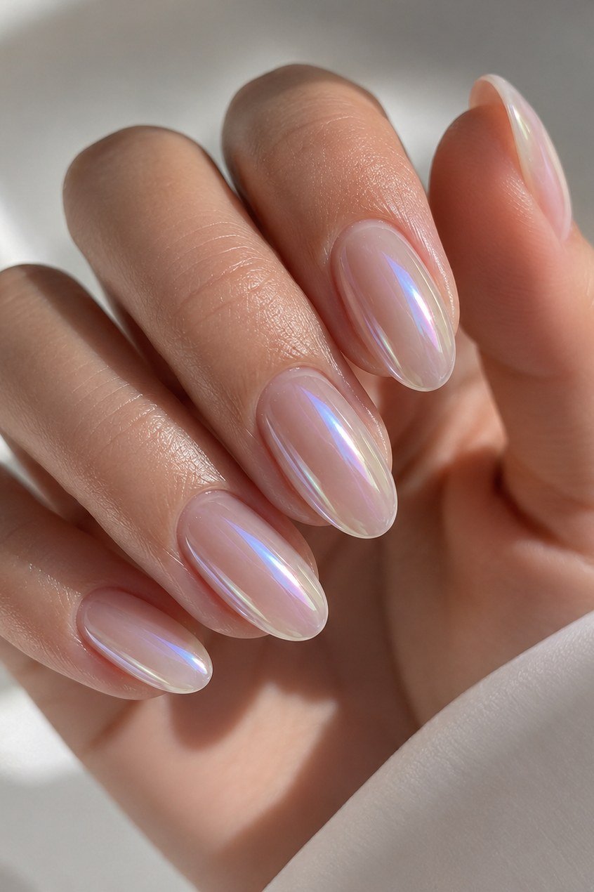 Medium almond nails in blush pearl for women over 50