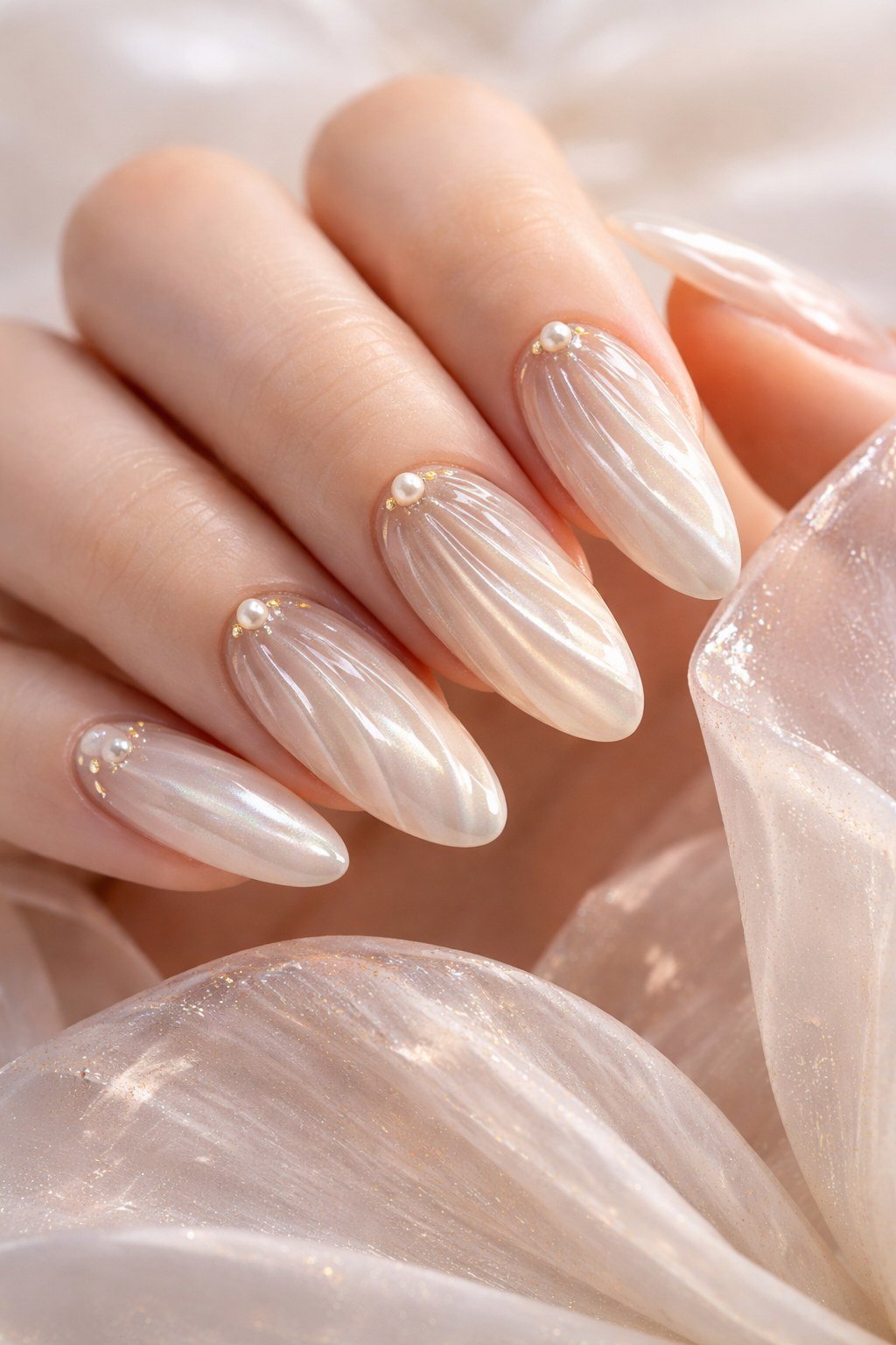 Pearl ombre on almond nails for women over 50