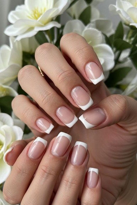 Classic white french tip short square, floral backdrop - flattering nail idea for women over 50