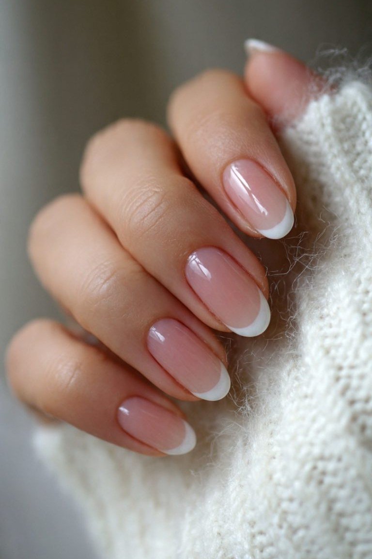 Short oval french tip, pink base - flattering nail idea for women over 50