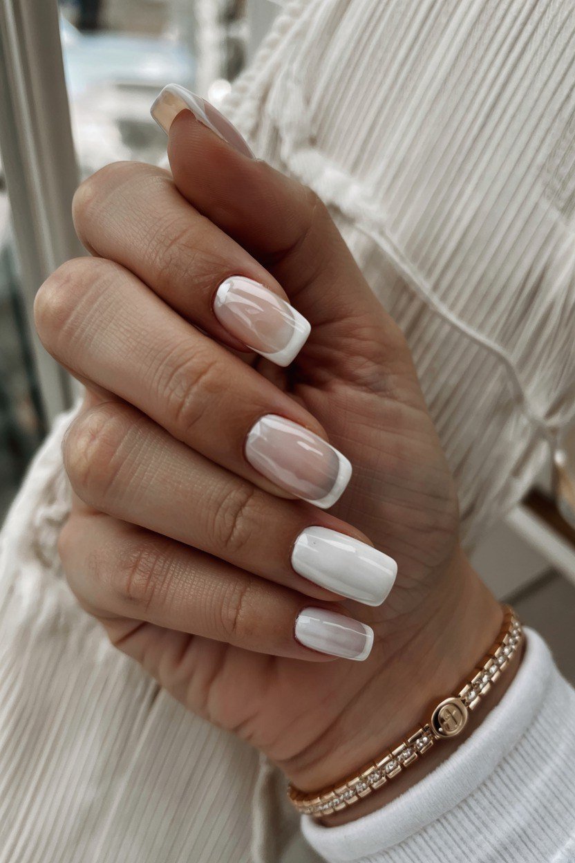 Short french tip with white accent nail, bracelet - flattering nail idea for women over 50