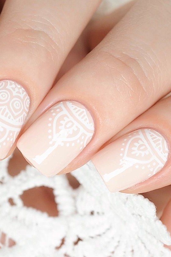 Sheer white short nails, lace backdrop - flattering nail idea for women over 50