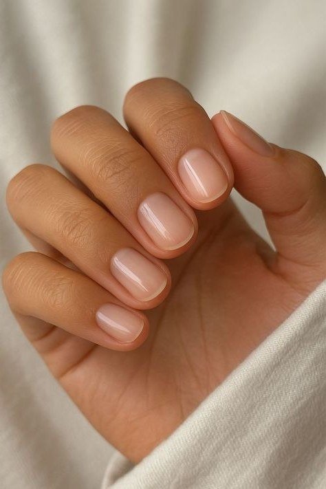 Short nude oval, hand on sleeve - flattering nail idea for women over 50