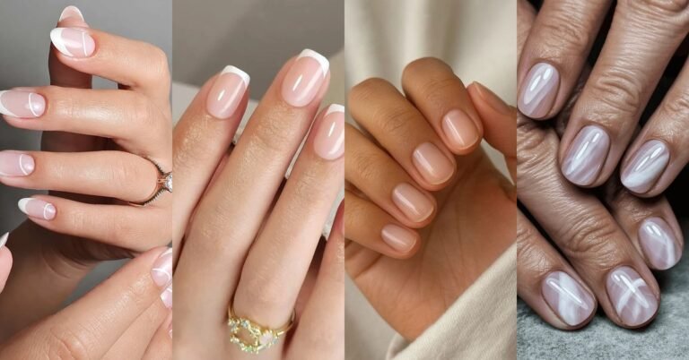 Collage of flattering nude and French tip nail ideas for women over 50