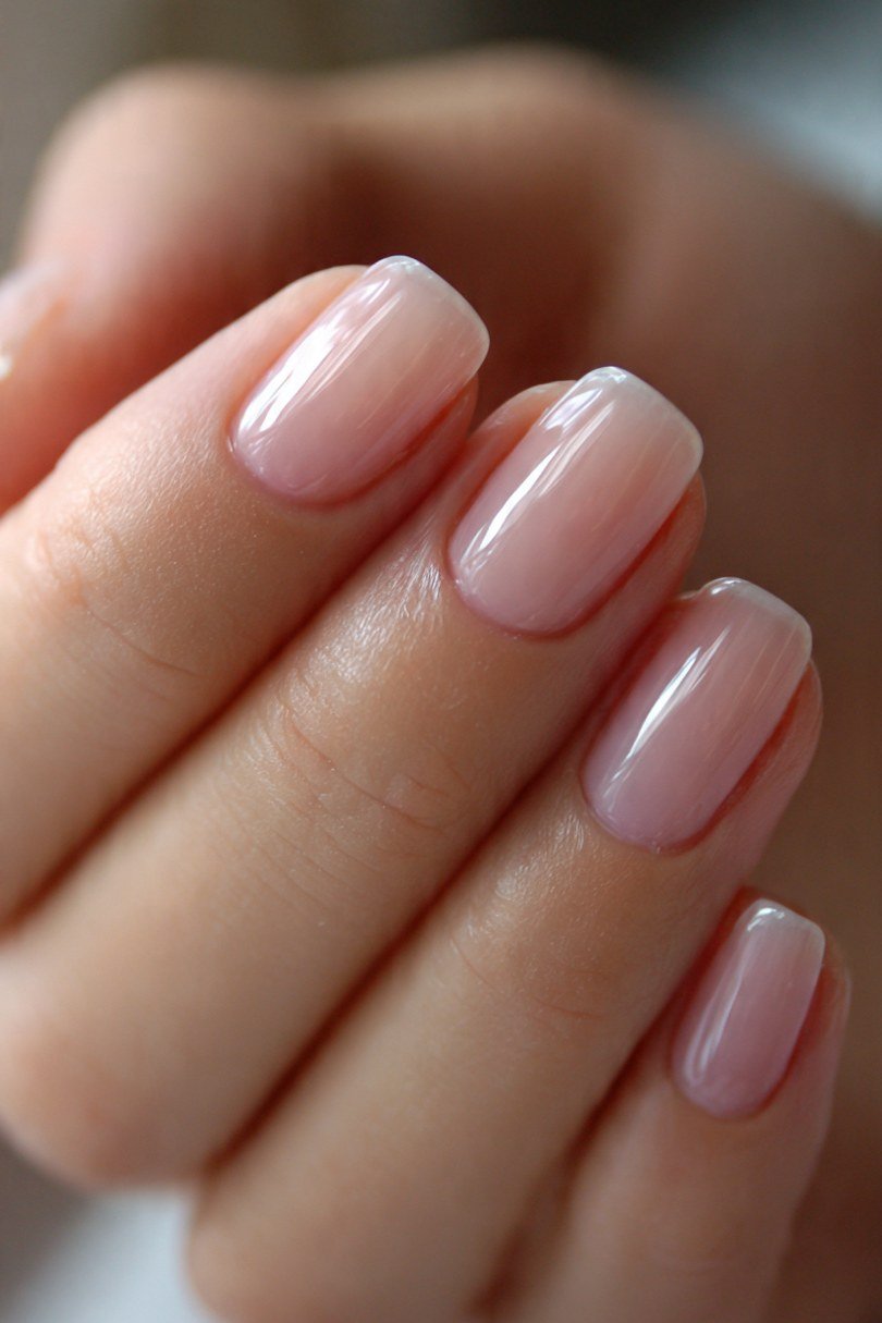 Oval milky pink nails with high gloss shine for women over 50