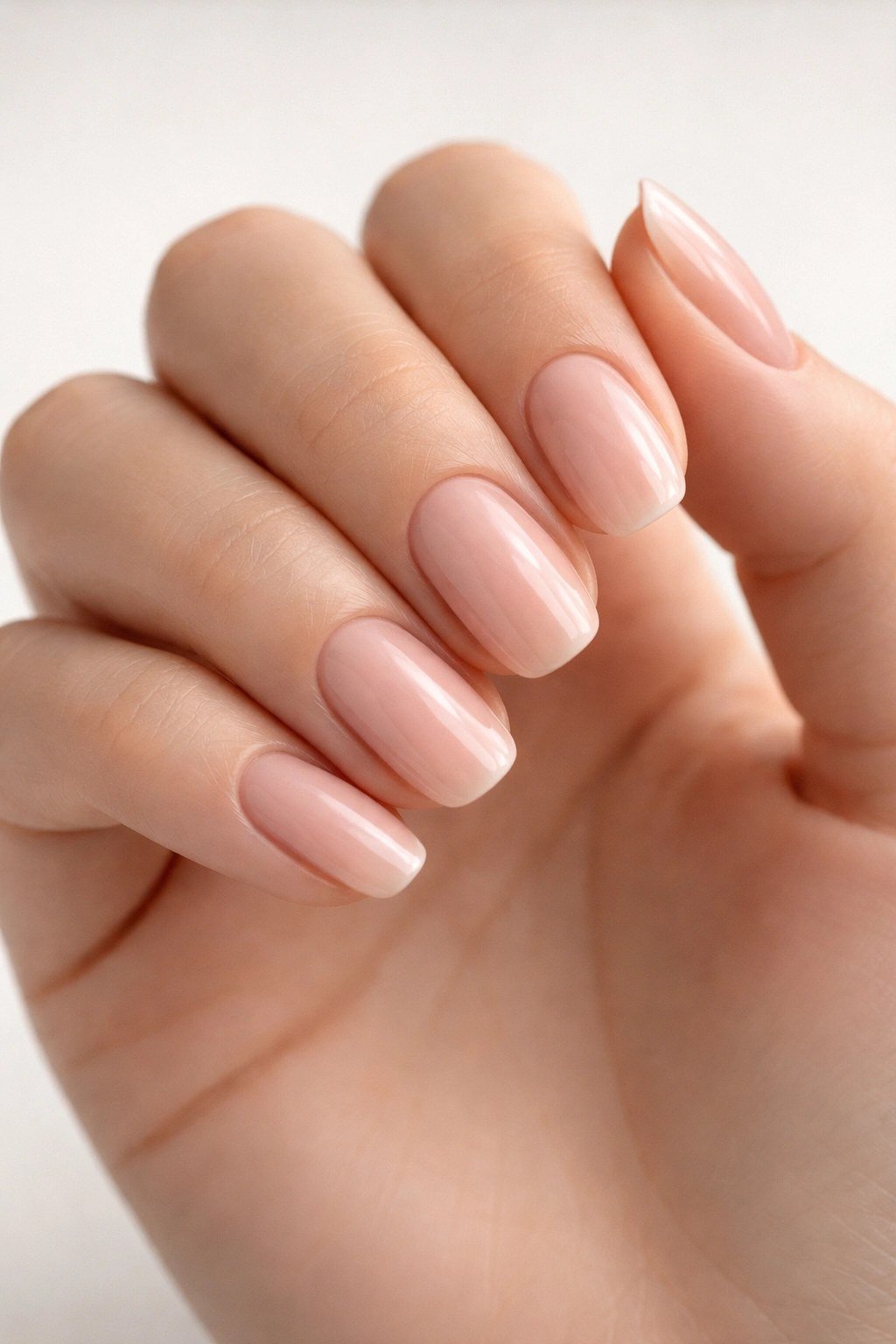 Almond milky nude nails glossy close-up front view for women over 50
