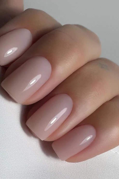 Short squoval milky mauve nails ultra glossy for women over 50