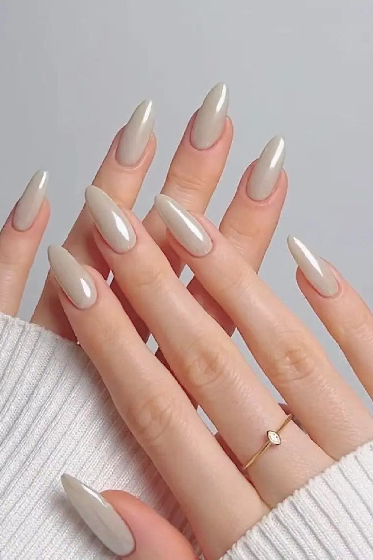 Almond milky white nude nails both hands with ring for women over 50