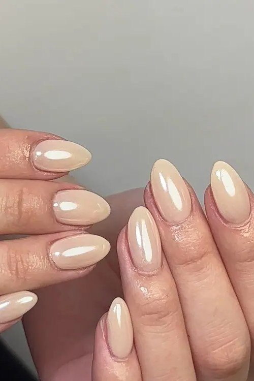Almond milky beige nails glossy both hands for women over 50