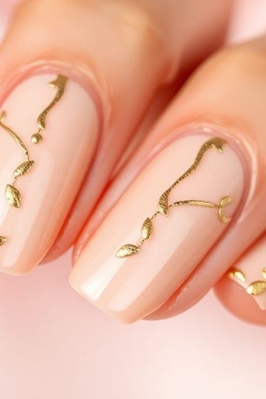 Almond peach nude nails with gold crackle art for women over 50