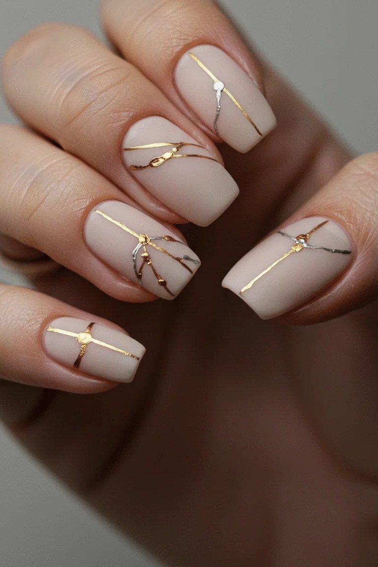 Almond nude nails with thin gold line art for women over 50