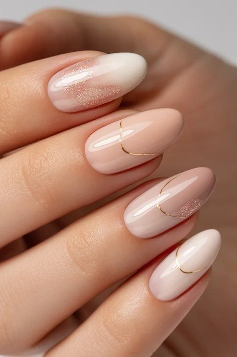 Almond white to nude gradient nails with fine gold lines for women over 50