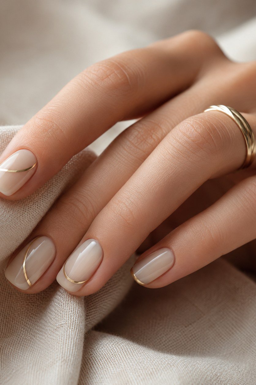 Pale nude oval nails with gold ring on cream fabric for women over 50