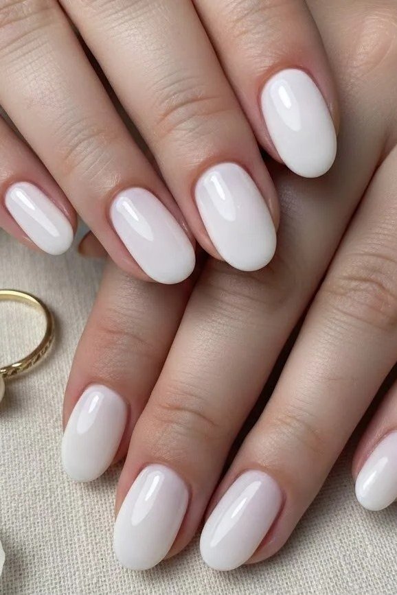 Medium almond milky white nails with pearl ring for women over 50