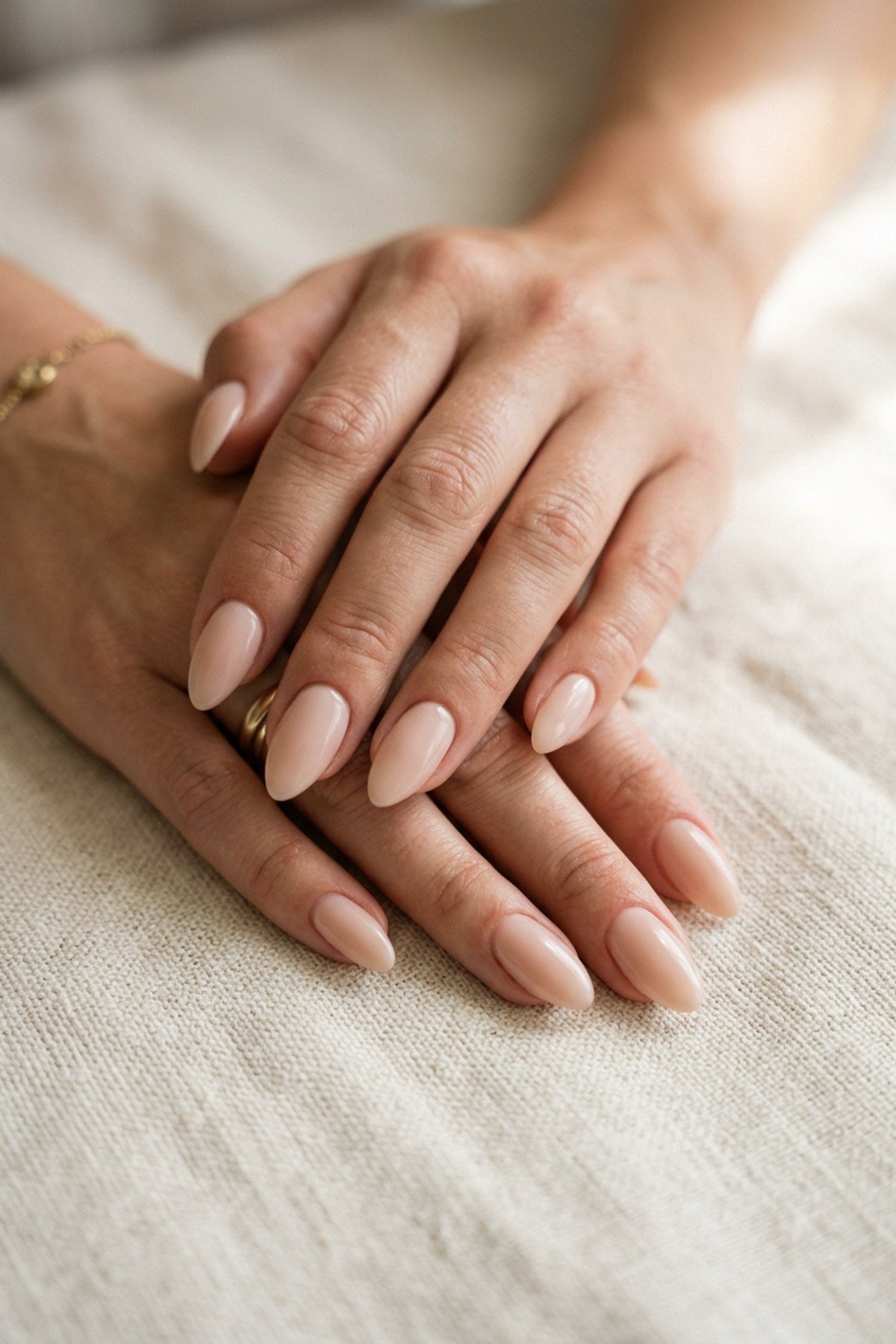 Clasped hands with nude oval nails on linen for women over 50