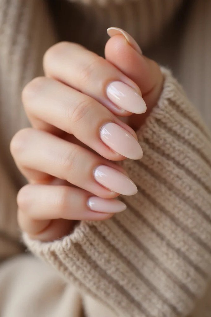 Almond nude nails in beige knit cozy close-up for women over 50
