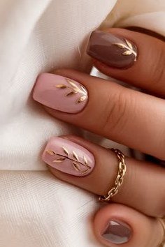 Brown and pink with gold leaf art - nail art for women over 50