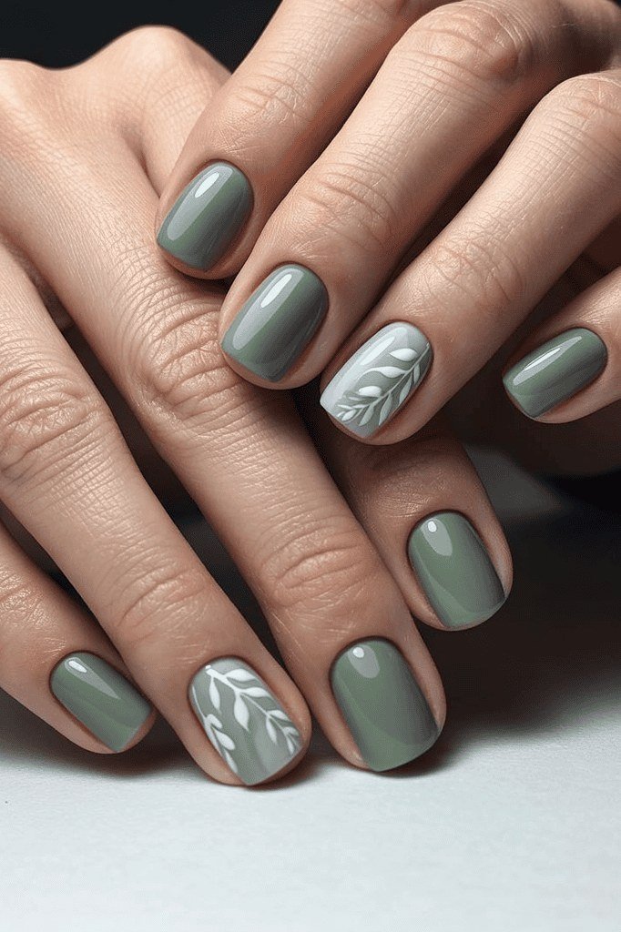 Sage green with white leaf line art - nail art for women over 50