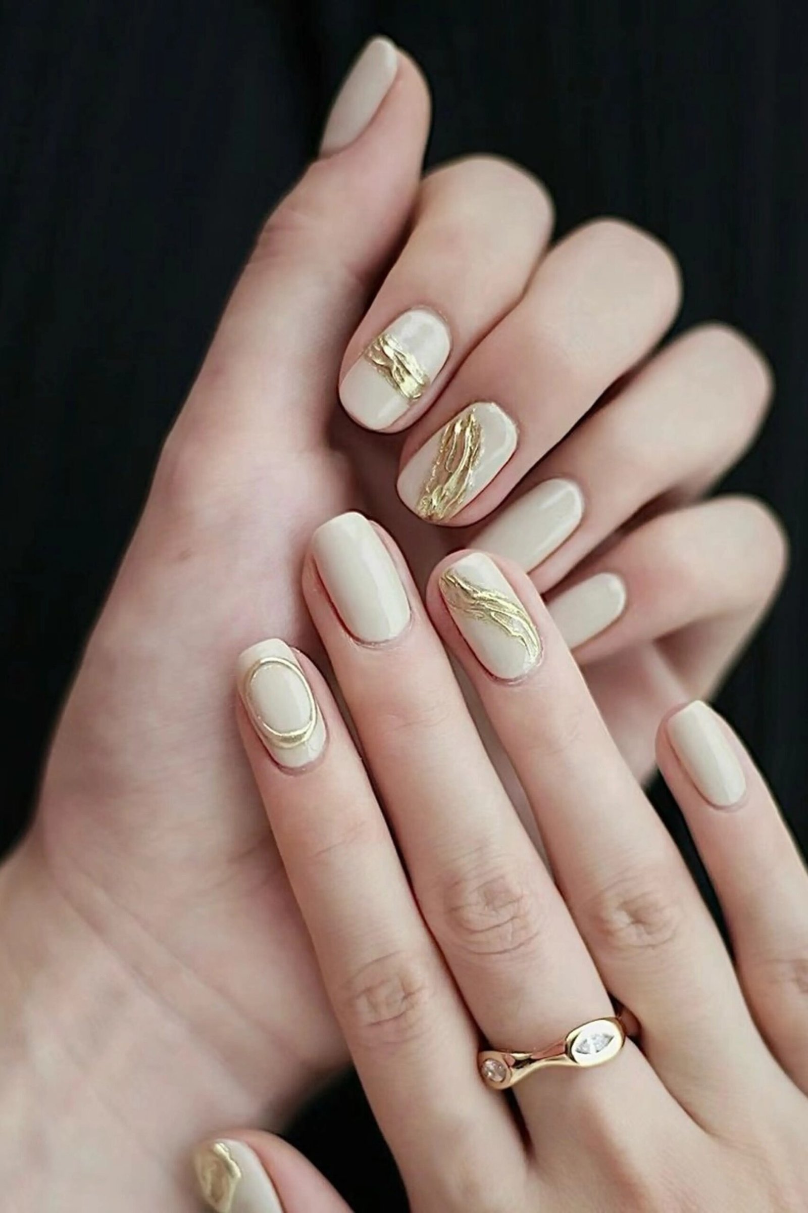 Cream with gold line art - nail art for women over 50