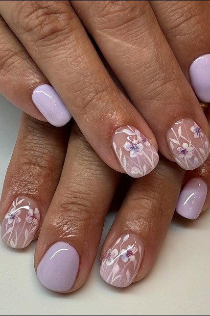 Lavender with white floral art - nail art for women over 50
