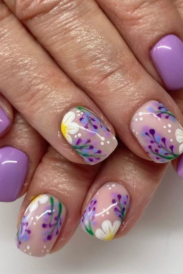 Purple with lavender floral art - nail art for women over 50