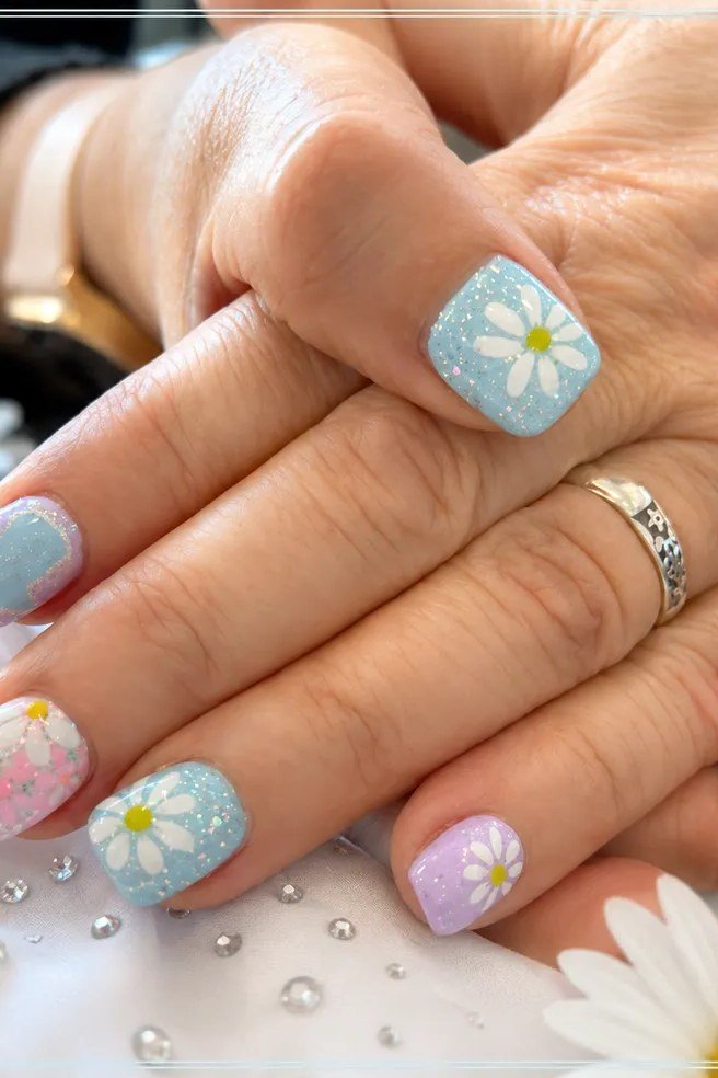 Pastel daisy art - nail art for women over 50