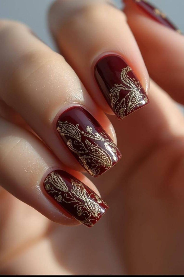 Dark burgundy nails with delicate gold lace art accents, almond