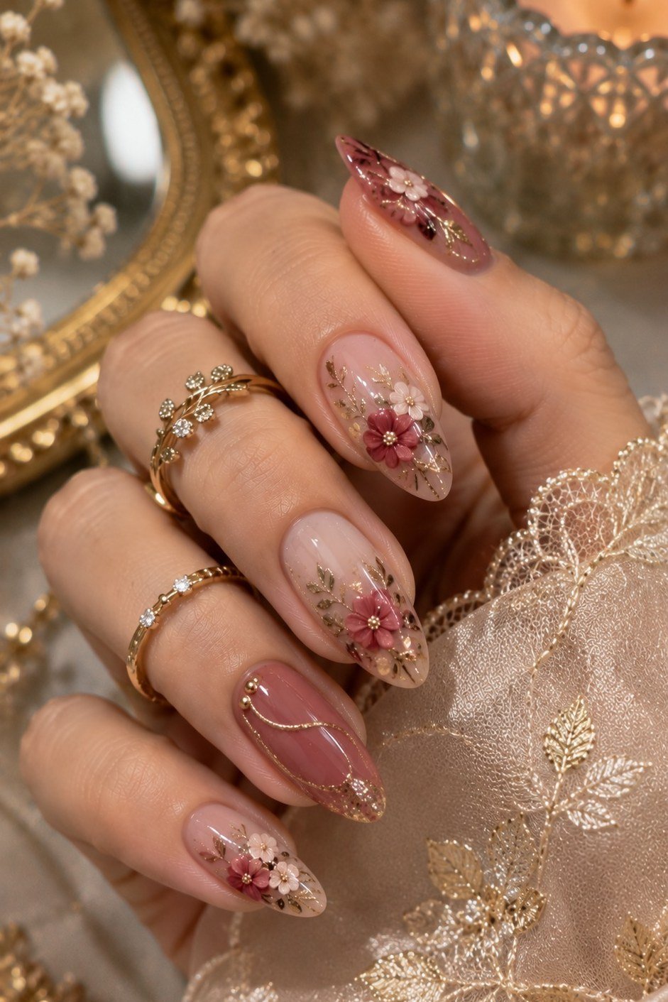 Burgundy almond nails with white lace art overlay, gold rings