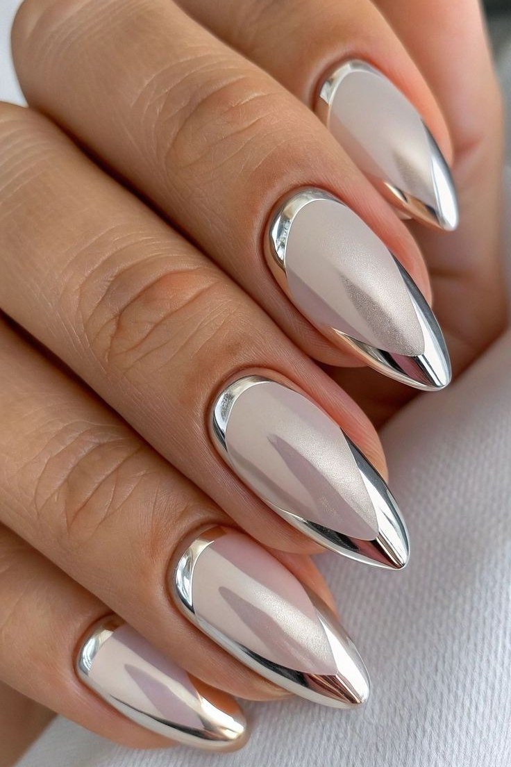 Silver chrome mirror almond nails