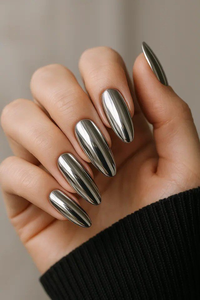 Dark gunmetal chrome almond nails