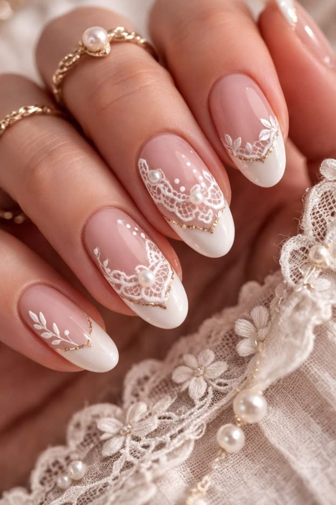 Nude nails with white lace floral art