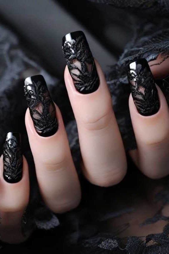 Long black nails with black lace art