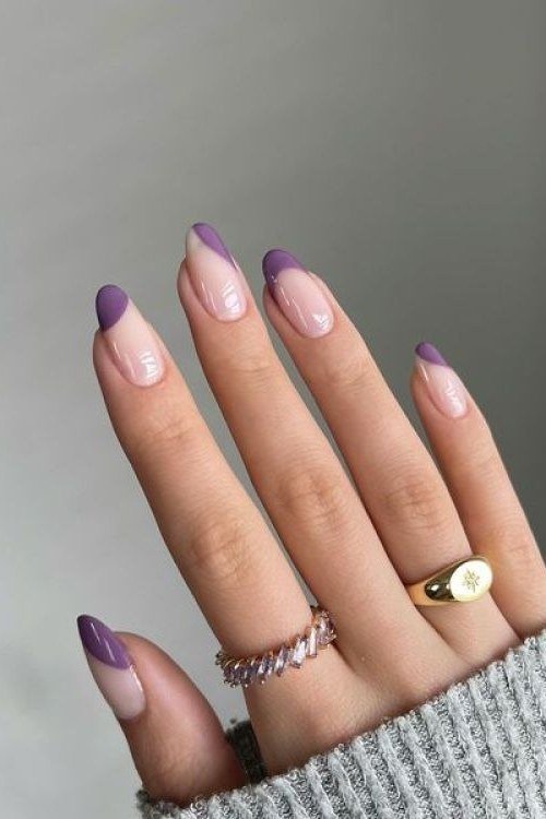 Purple French tips on almond nails for women over 50