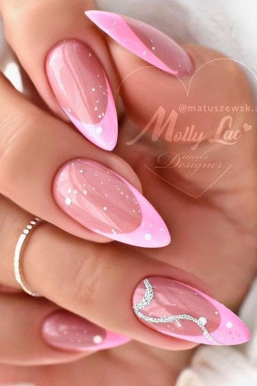Pink glitter French on almond nails for women over 50