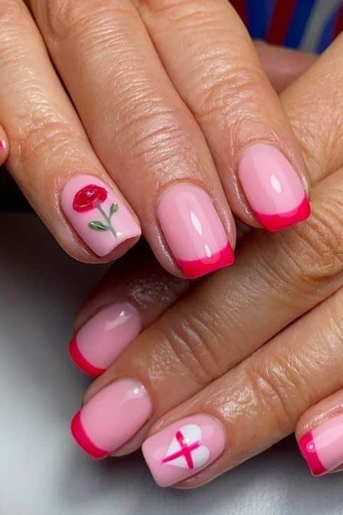 Pink French with delicate red rose art for older women