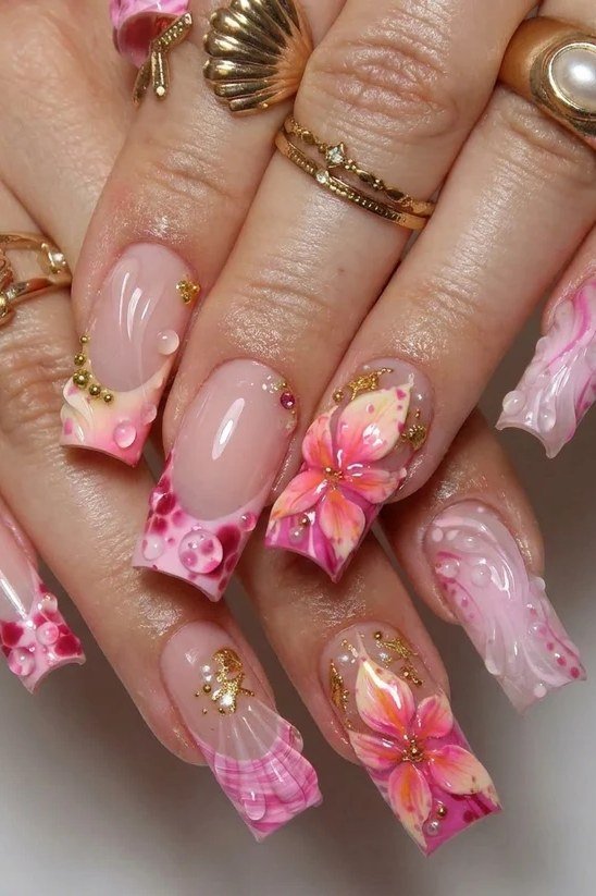 Pink French with 3D flower accents for women over 50