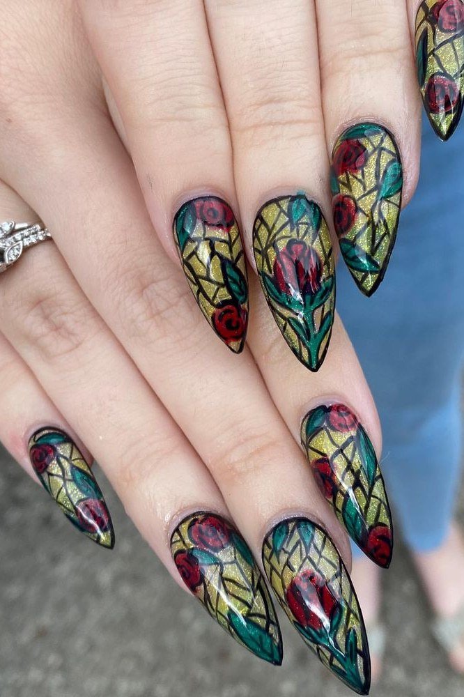 Dramatic dark floral stained glass nail art for older women