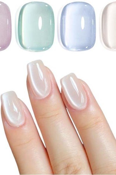 Pastel jelly nail tips press-on set, mint lilac peach lavender, on white - jelly nail idea for women over 60