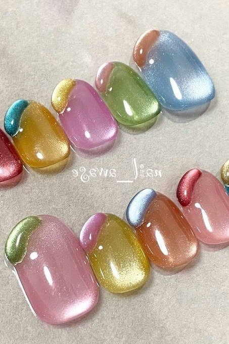 Pastel fruit jelly nail press-on set flat lay, colorful translucent - jelly nail idea for women over 60