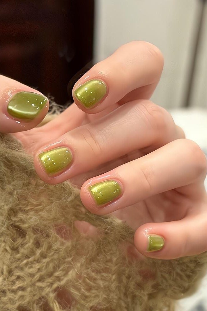 Lime green jelly nails, short square, glossy - jelly nail idea for women over 60
