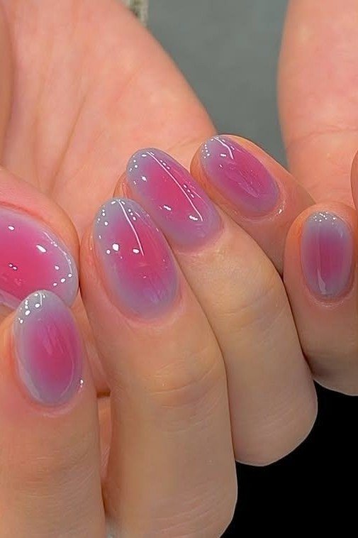 Purple-pink jelly nails, short oval, glossy squishy - jelly nail idea for women over 60