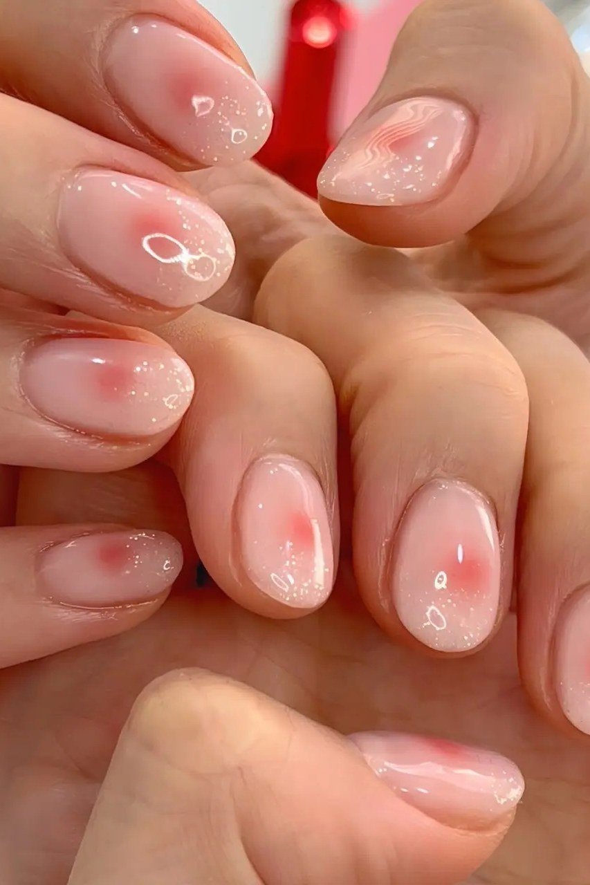 Milky pink blush jelly nails with pink heart center design - jelly nail idea for women over 60