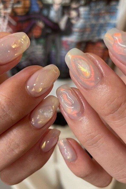 Iridescent aura jelly nails, short, rainbow shimmer - jelly nail idea for women over 60