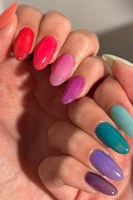 Multicolor jelly nails, long almond, red pink purple teal - jelly nail idea for women over 60