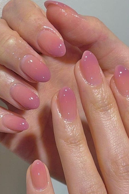 Pink jelly gradient nails, almond - jelly nail idea for women over 60