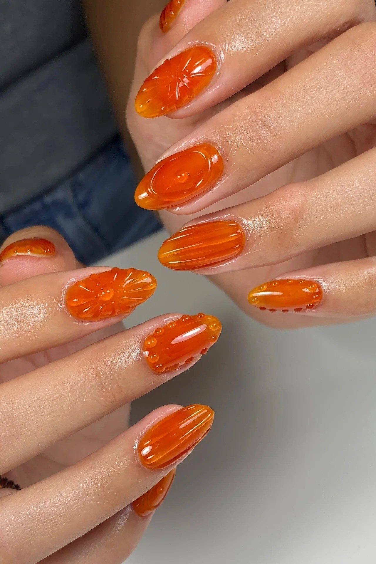 Tangerine orange jelly nails, almond - jelly nail idea for women over 60