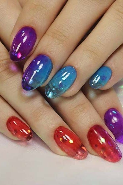Multicolor jelly nails, purple blue red, oval - jelly nail idea for women over 60