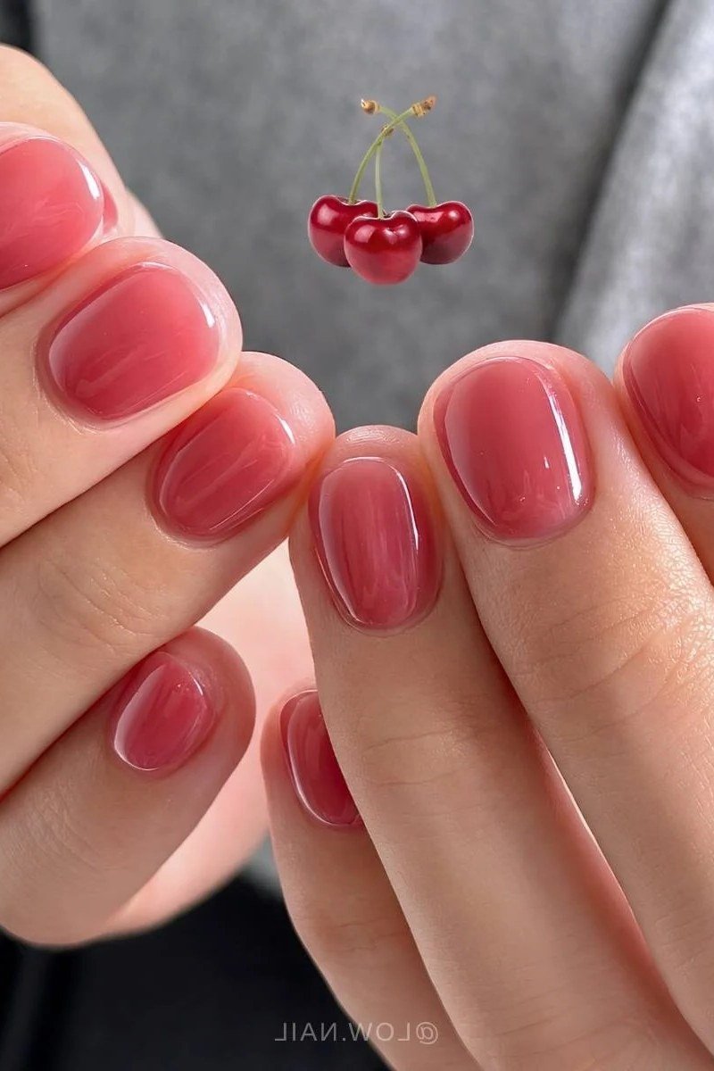 Cherry red jelly nails with cherry props, short - jelly nail idea for women over 60