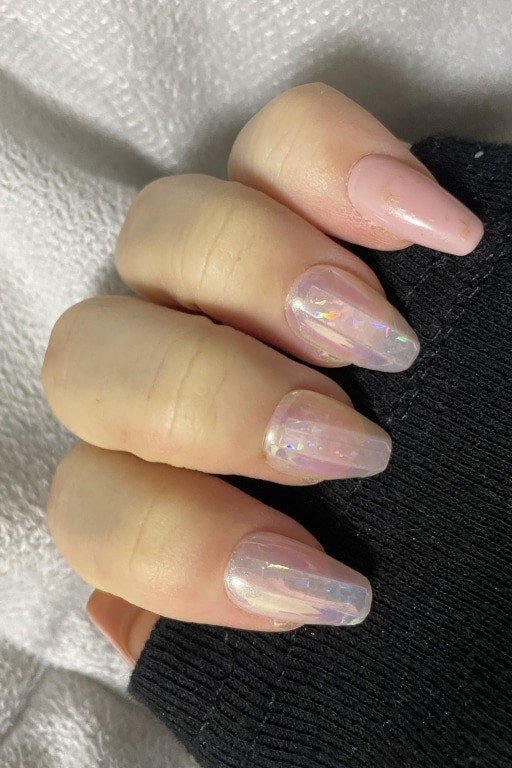 Milky white jelly nails, short round, with black sleeve - jelly nail idea for women over 60